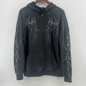 Social Collision Faded Black Skeleton Winged Lightning Zip Up Hoodie Small